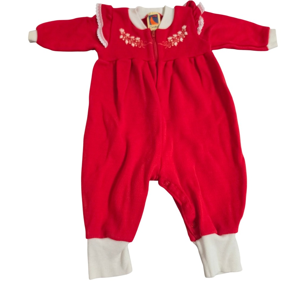 Vintage Carters Baby Girl Red Velour Romper Floral Embroidered Ruffle‎ 6 months